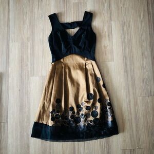 Aysha NY Dress Black Gold Sequin A Line Fit Flare Womens 0 Cocktail Party Formal